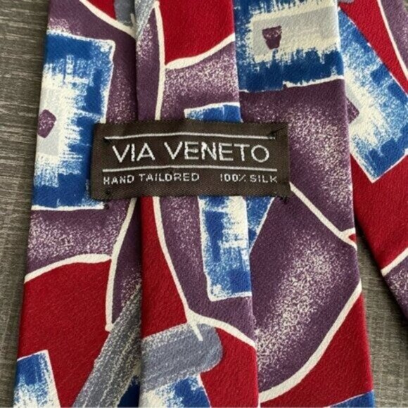 Via Veneto Neck Tie Abstract 100% Silk Art Watercolor Multicolor Red Blue - Picture 3 of 4
